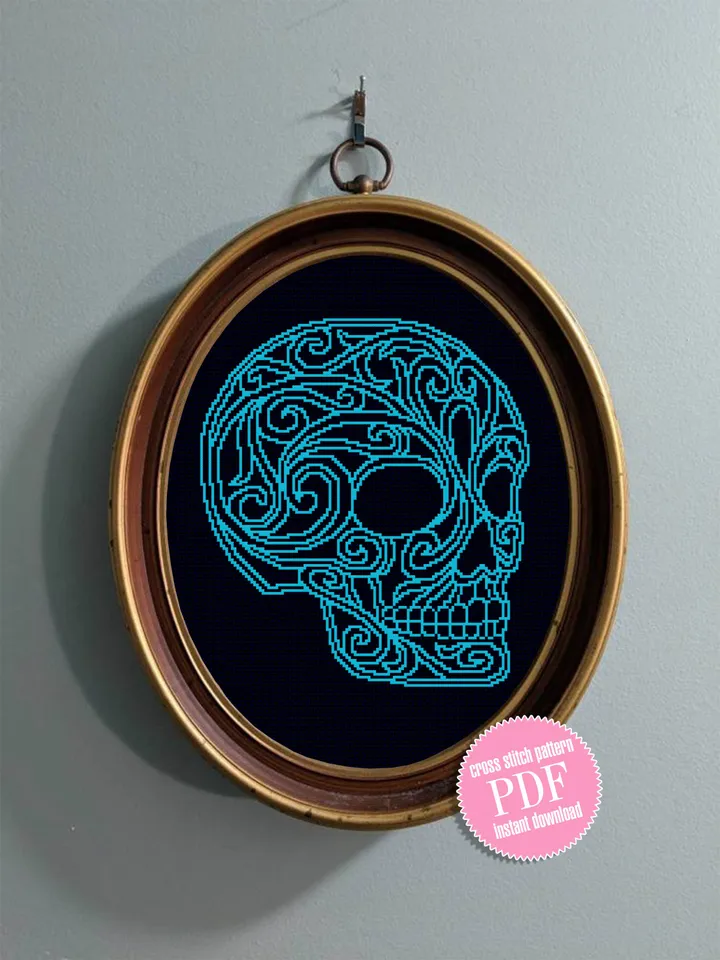 Skull mandala cross stitch pattern download PDF Halloween skull embroidery, DIY home decor, Monochrome cross stitch chart Skull decor #M174