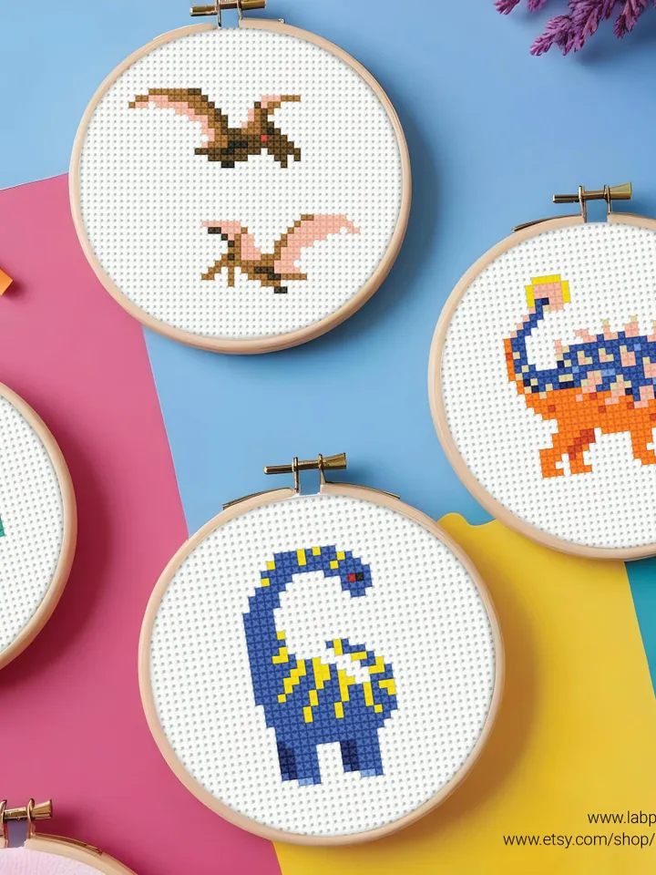 Bundle mini Dinosaurs 8 Cross stitch patterns, contemporary, Abstract, 3 inches, beginner, modern chart, gift DIY, embroidery, instant PDF