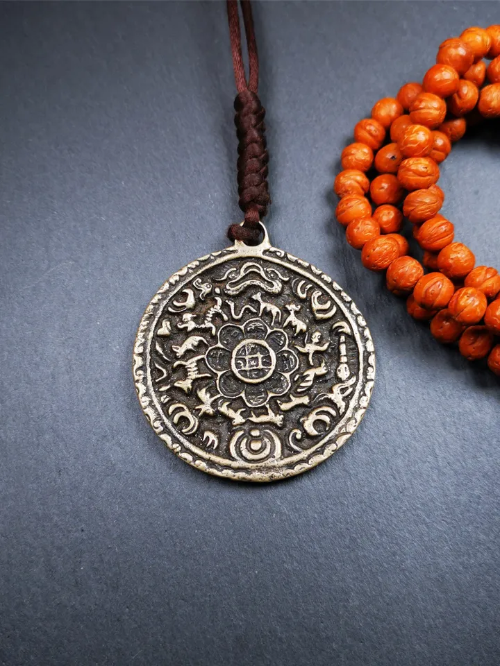 Gandhanra Antique Tibetan Buddhist Astrological Mandala,Calendar Badge,Melong Mirror,SIPAHO Amulet(srid pa ho),Made of Thokcha,60 Years Old