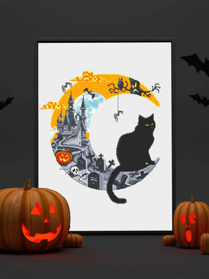Halloween cat cross stitch pattern PDF download Crescent moon cross stitch chart, Halloween pattern digital PDF Haunted house, Black cat #H9