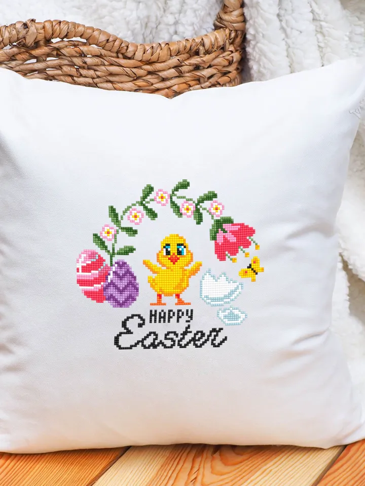 Happy Easter cross stitch pattern PDF Small easter chick cross stitch chart, Easter pattern digital PDF, Easter eggs, Spring flowers #T37