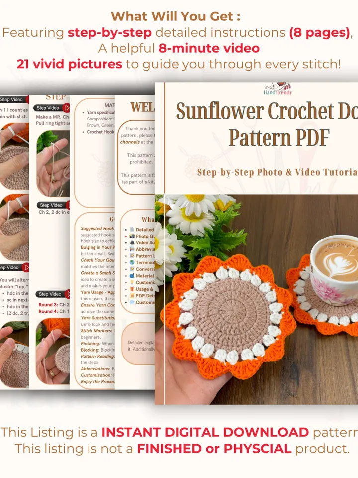 Sunflower Crochet Doily Pattern PDF, Handmade Floral Table Decor, Round Crochet Placemat DIY, Rustic Home Decoration, Instant Download