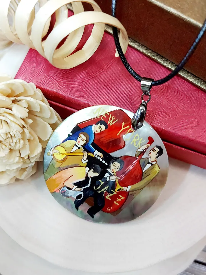 Necklace "Jazz". Mother-of-pearl Russian hand-painted. Hand paint necklace pendant. MOP.Hand painted miniature painting
