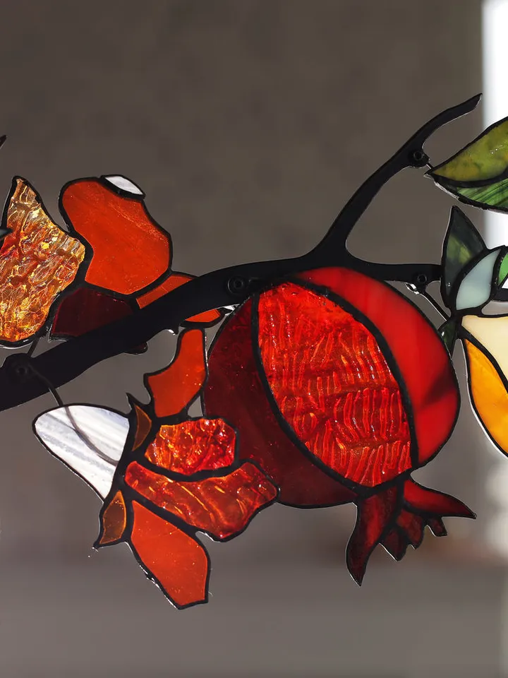 Pomegranates. Stained Glass Composition in Tiffany Technique, Tiffany Technique Stained Glass Composition, Tiffany-Style Stained Glass Artwork, Stained Glass Creation in Tiffany Style, Tiffany Technique Stained Glass Design, Stained Glass Art