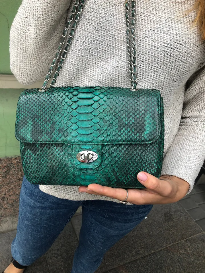 Genuine Python Skin Green Color Shiny Chain Bag | Shoulder Bag | Crossbody Bag | Green Leather Bag | Woman Classy Bag | Python Skin Bags