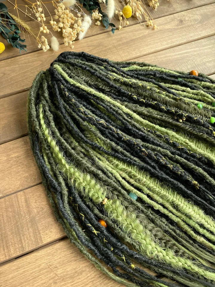 Black and forest green Double Ended Synthetic dreadlocks, ready to ship