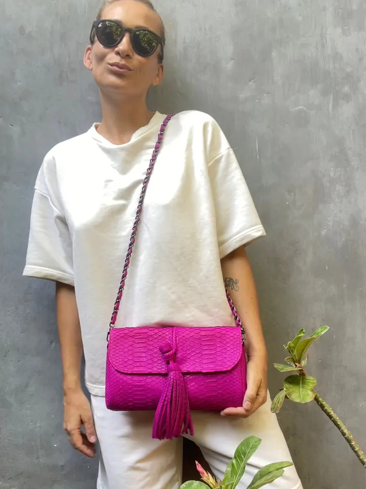 Genuine Python Skin Clutch with tassel |women purse | exotic leather bags | hot pink evening clutch | designer crossbody bag handmade