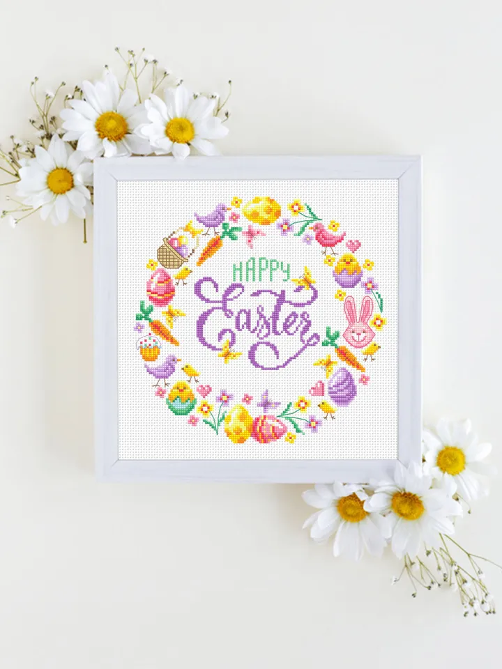Easter wreath cross stitch pattern PDF download Happy Easter cross stitch chart, Pastel Easter pattern digital PDF, Easter wall decor #T32