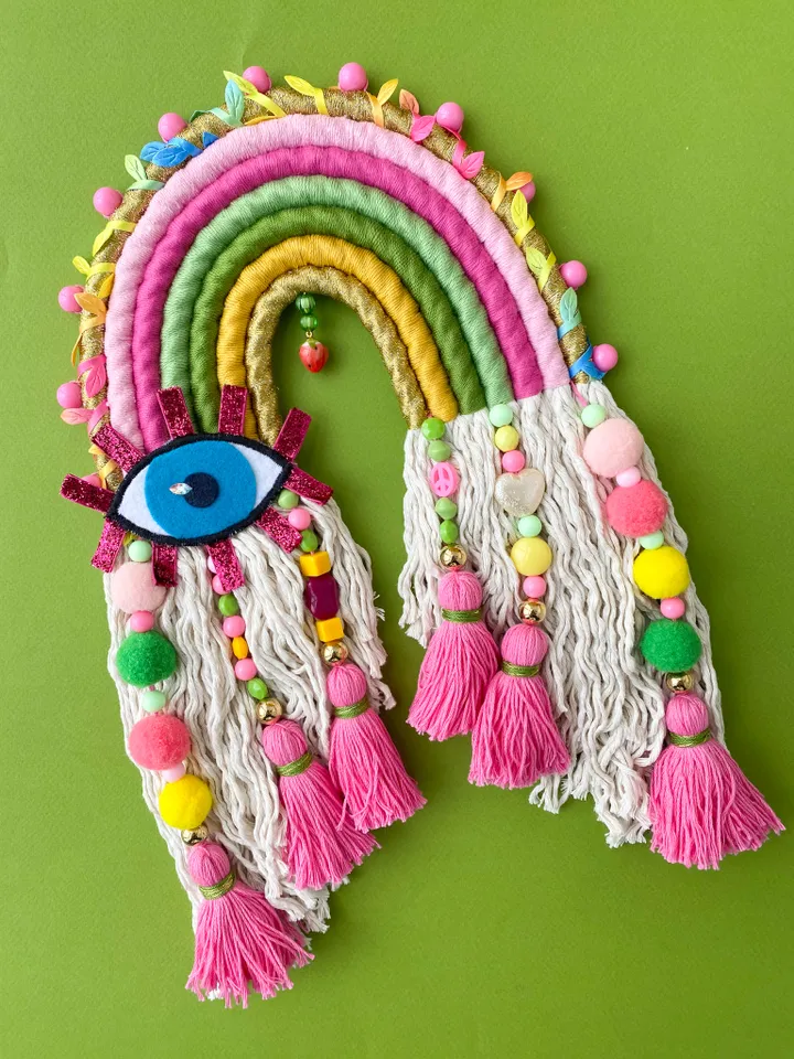 Macrame rainbow wall hanging, Funny birthday gift, Above bed decor, Evil eye charm, Strawberry aesthetic, Boho home decor