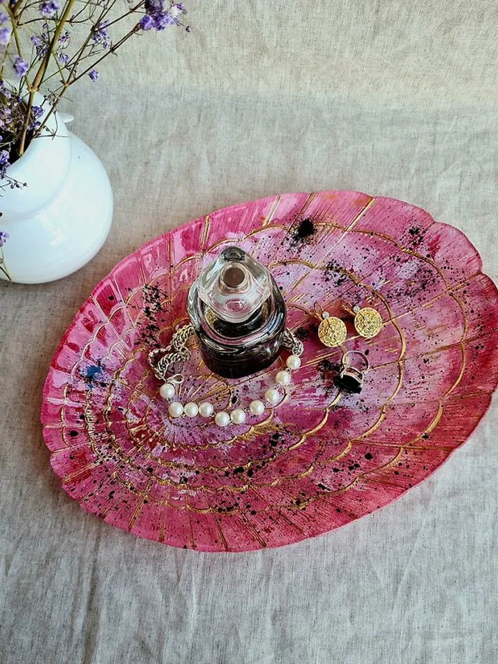 Hand Paint Pink Glass Plate for Exquisite Jewelry, Large Shell Pink Glass Plate