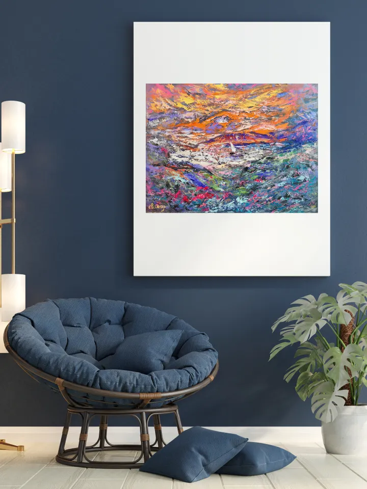 Sailboat Mountain Flowers Sunset Original Art Oil Painting Artist Svinar Oksana
