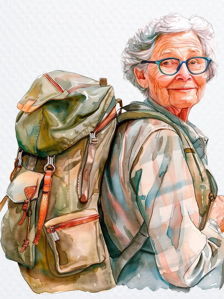 14 Senior Woman Travelling PNG Bundle, Traveller, hiking,  Watercolor clipart, High Quality,  Paper craft, junk journals