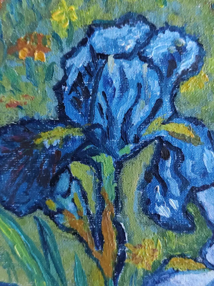 Irises in the garden flowers miniature oil painting