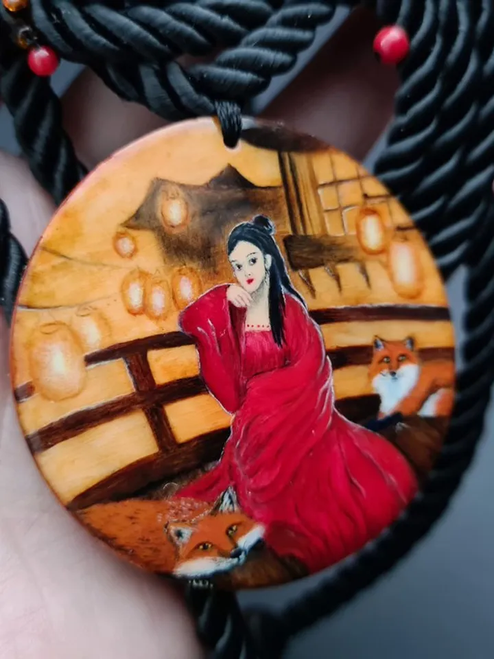 Kitsune necklace real oil painting miniature on jasper One of a kind Present OOA