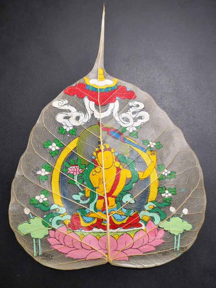 Gandhanra Handpainted Bodhi Leaf Thangka,Packed in Wooden Picture Frame,Painted with Natural Mineral Pigments,Manjusri Thangka