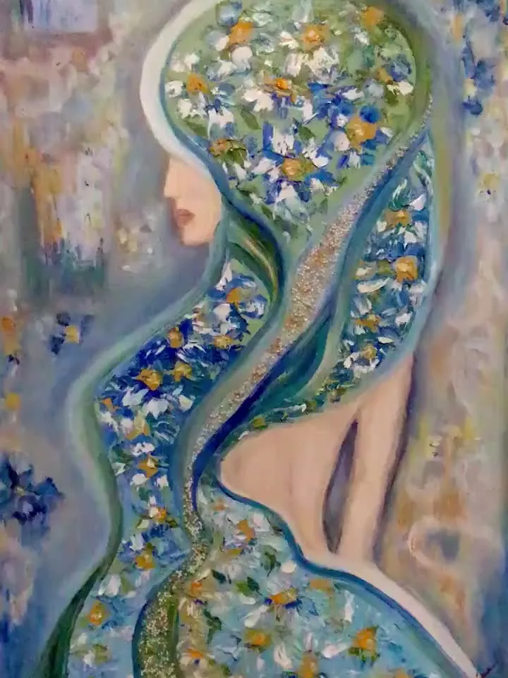 Purity - original oil painting on large canvas,rhinestones decorated, woman in daisies,impasto oil painting,home decoration,woman in daisies