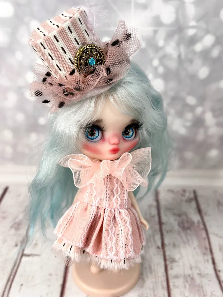 Adorable little doll in a hat. Petite Blythe with blue hair.