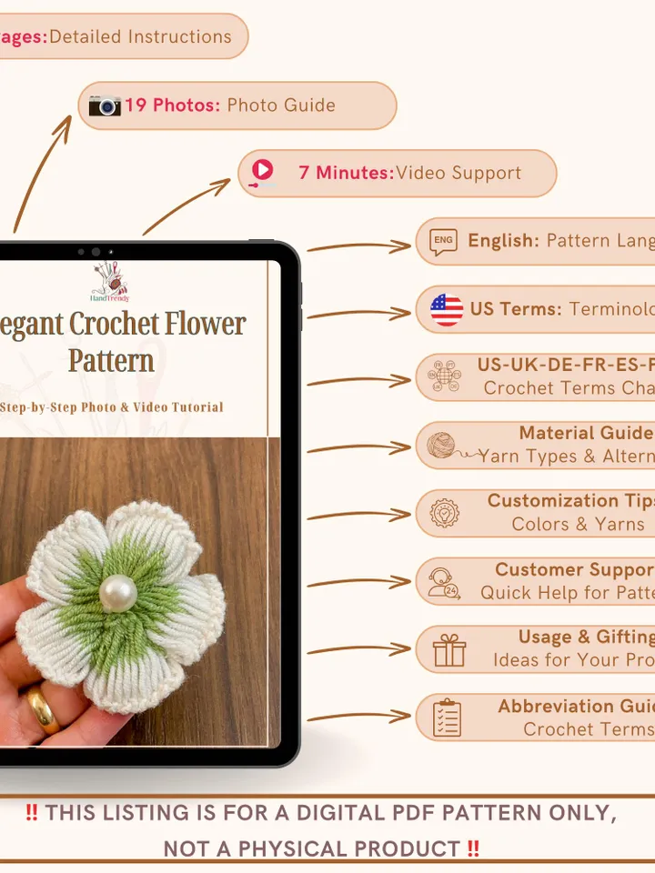 Elegant Crochet Flower Pattern, 3D Floral Applique PDF, Handmade Layered Petal Design, DIY Crochet Brooch Tutorial, Instant Download