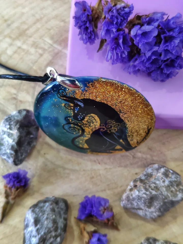 Pearl pendant necklace: Sphunx the black cat painted on handmade pendant • Aesthetic necklace for fall season • graceful cat lover gift