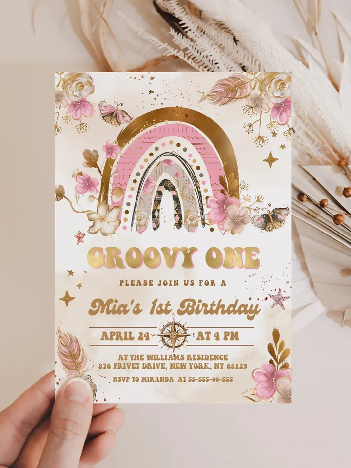 One Groovy Baby Editable Any Age Pink Groovy Van Daisy Rainbow Hippie Birthday Invitation Let's get Groovy 1st Birthday Invitation ;