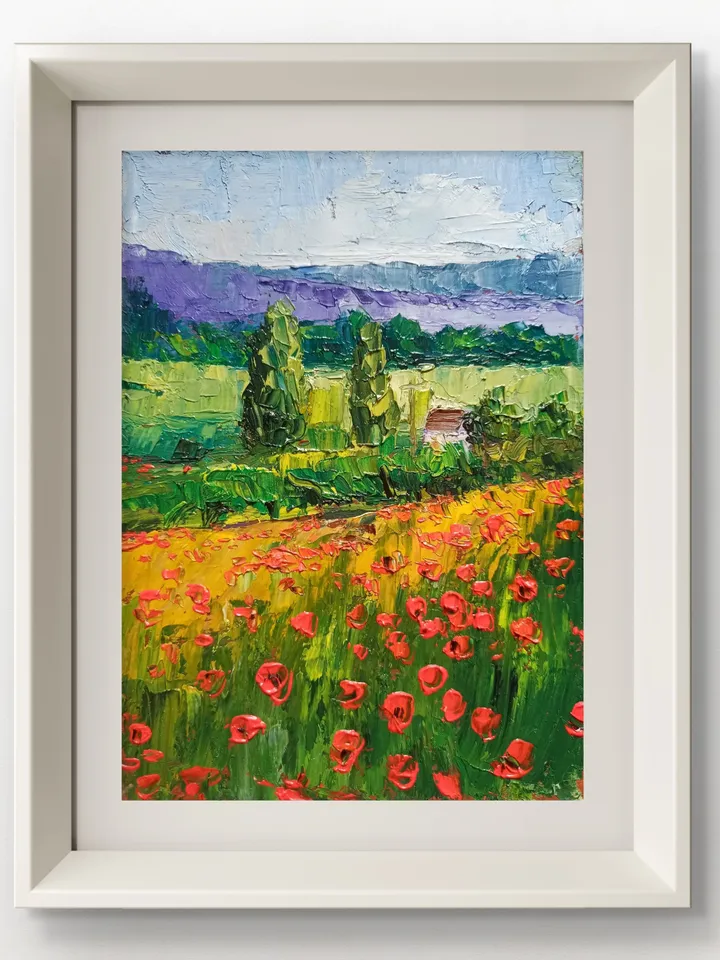 Oil painting panoramic landscape nature original painting,panoramic scenery meadow impasto painting Meadow art poppy field Gifts art impast