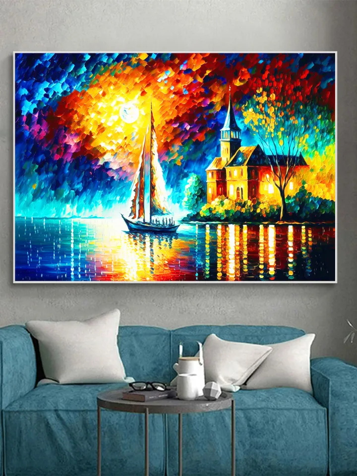Original Colorful Lake View Oil Painting On Canvas, Abstract Boat Painting, Lakeside Buildings Art, Large Wall Art, Living room Wall Decor