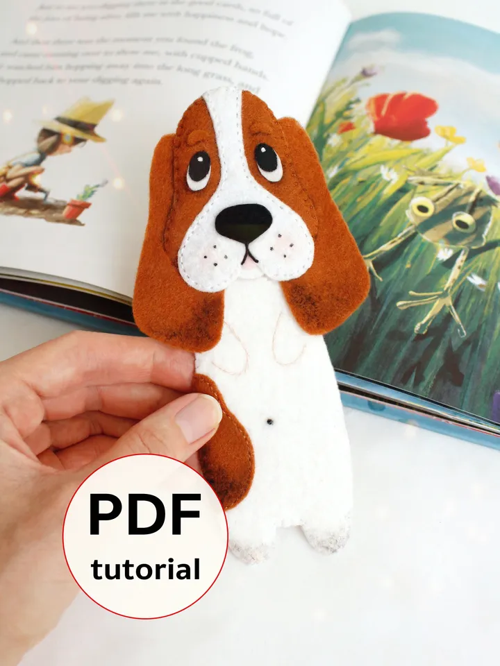 Felt long Basset hound bookmark hand sewing PDF tutorial with patterns. DIY dog breed bookmark. Book and pets lover gift. Felt school supplies