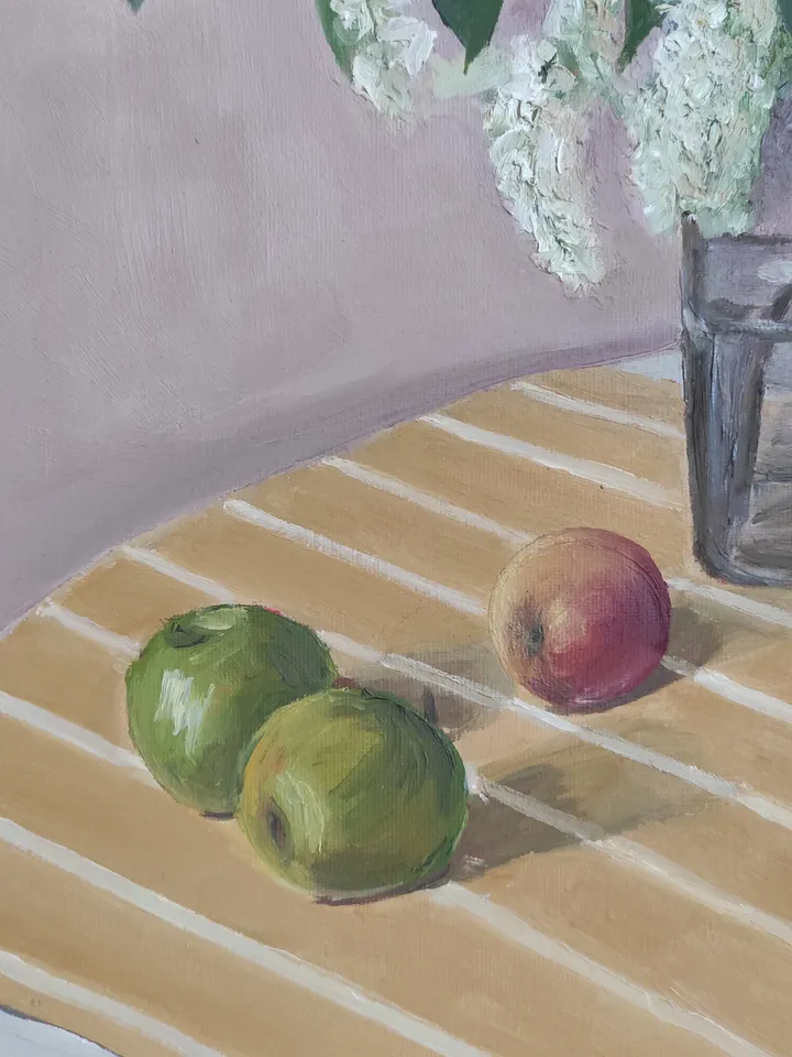 Oil painting "Still life with bird cherry blossoms"