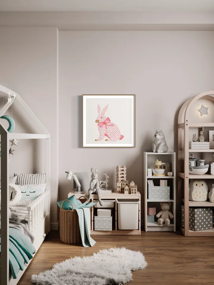 Pink Rabbit Watercolor Painting, Chinoiserie Rabbit, Pink Bunny Nursery, Baby Easter, Chinoiserie Bow Art, Pink Bow Art, Girls Room Decor