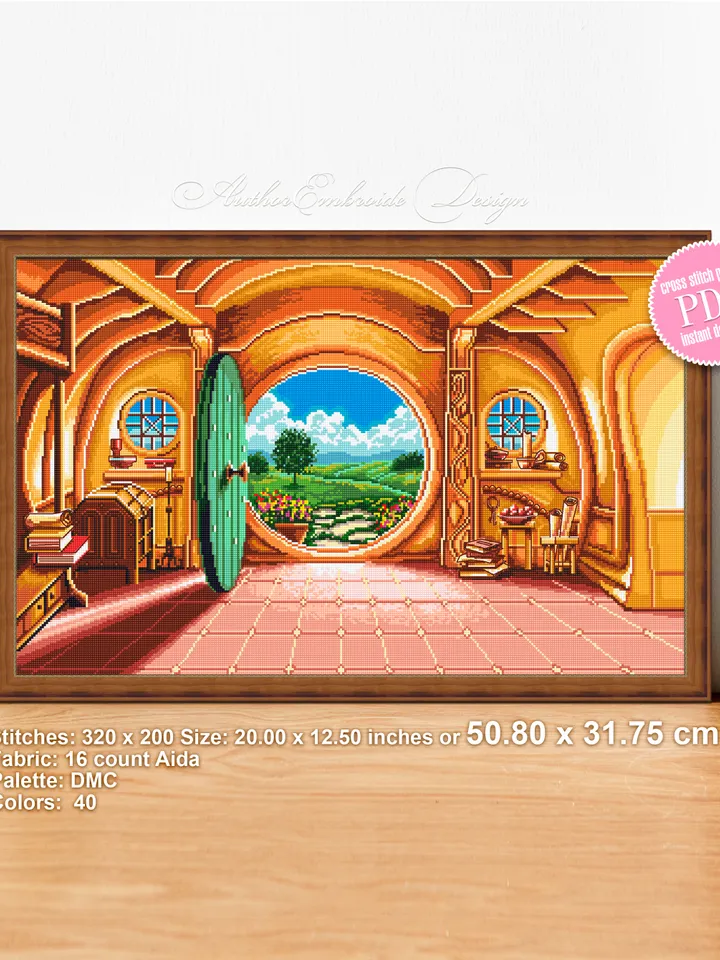 Fairy hobbit house round door cross stitch pattern download PDF Home sweet hole Green door stitch counted Wizarding world cross stitch chart Home decor #L34