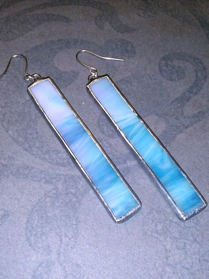 Iridescent stained glass blue earrings, cute rectangle earrings, dichroic earrings, duochrome earrings