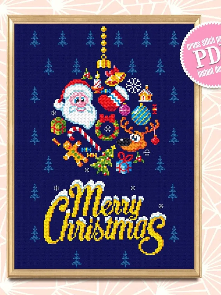 Merry Christmas cross stitch pattern PDF download Christmas ball cross stitch chart, Christmas pattern digital PDF, Santa cross stitch #N16