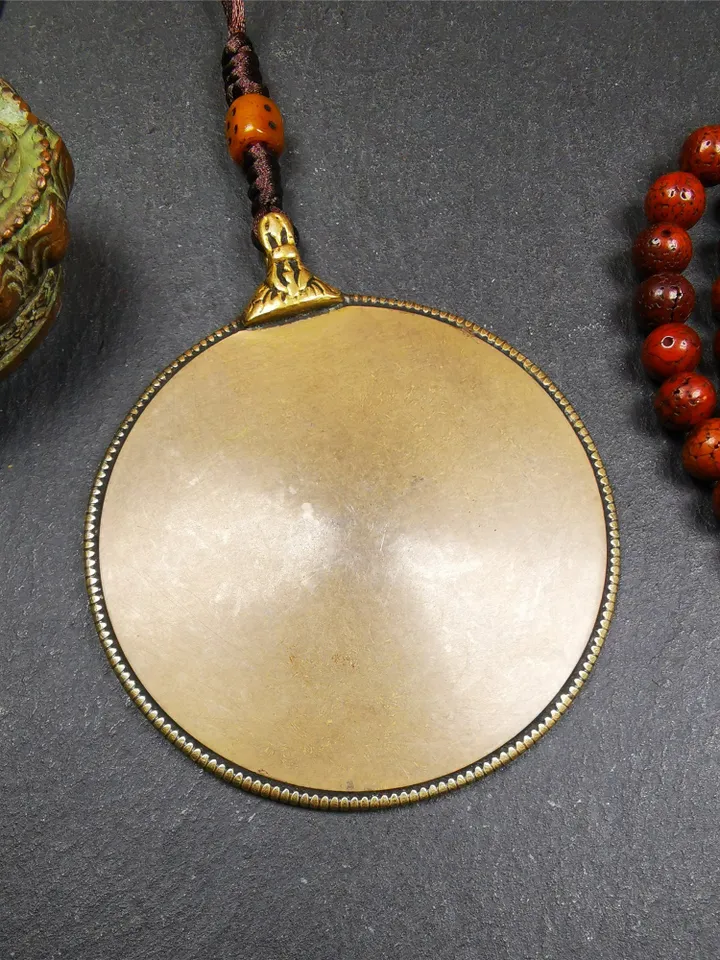 Gandhanra Antique Tibetan Buddhist Amulet,Melong Mirror,Calendar Badge,SIPAHO(srid pa ho),Made of Lima Brass,2.6"