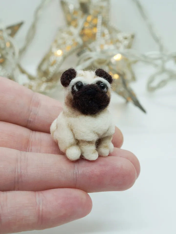 Tiny needle felted pug, miniature felted pet, dog portrait, made to order