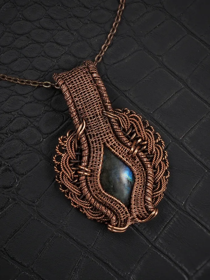 Labradorite pendant for women Wire wrap copper necklace Handmade artisan jewelry