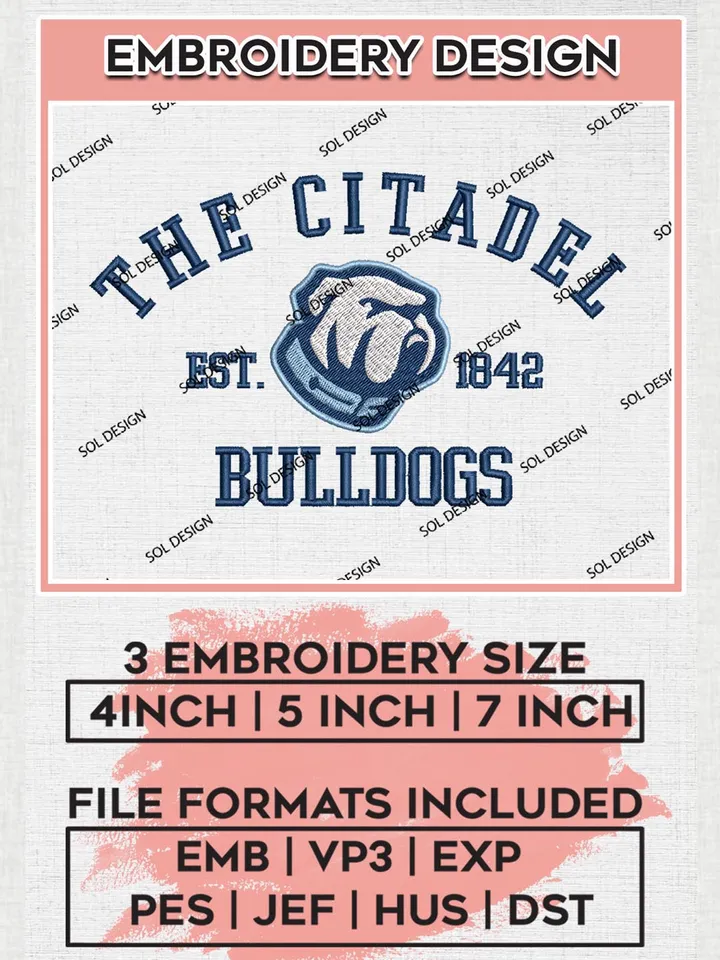 The Citadel Bulldogs Est 1842 Embroidery Designs, NCAA The Citadel Bulldogs Team Embroidery, NCAA Team Logo, 3 sizes, Machine embroidery Files, Digital Download