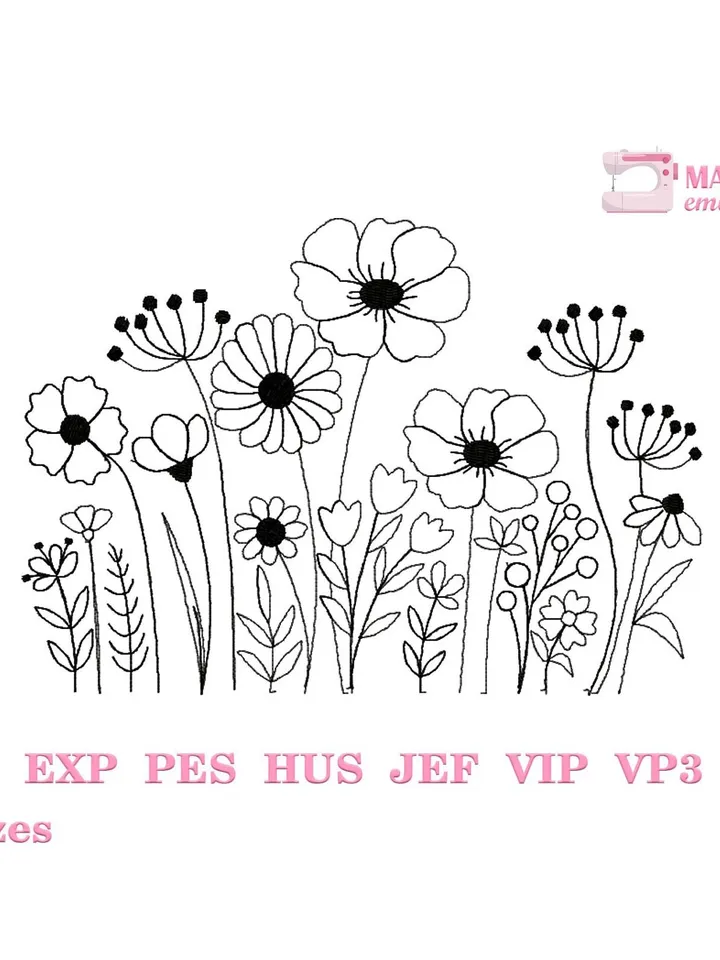 Wildflowers embroidery design Machine embroidery pattern 5 sizes, Meadow flowers embroidery files, Flower pattern, Floral border #R14