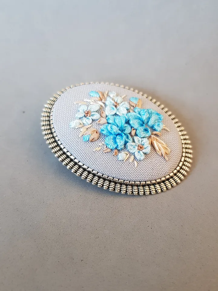 Ribbon embroidered brooch for her, hand embroidery blue jewelry