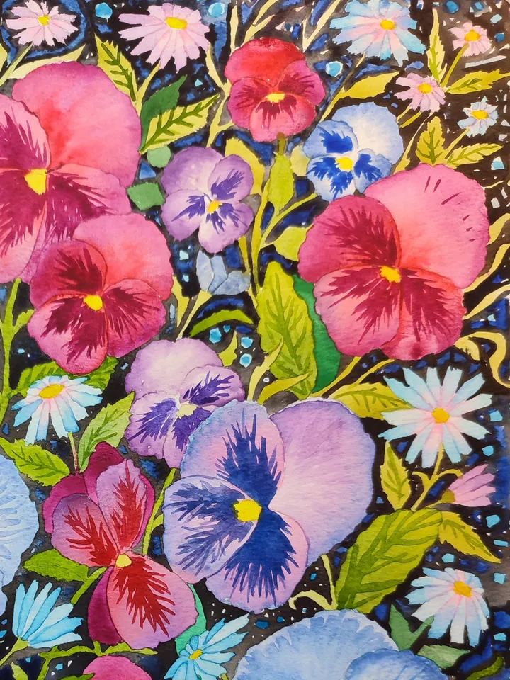 Author's watercolor painting "Pansies"