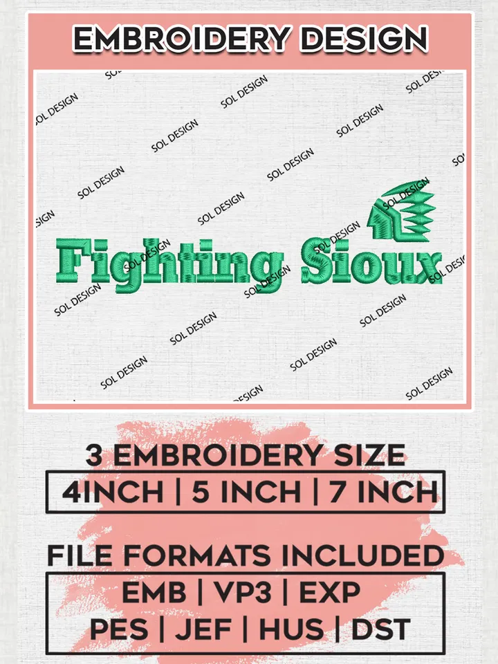 Fighting Sioux Football Team Writing Logo Embroidery Design Files, NCAA North Dakota Fighting Hawks Machine Embroidery, NCAA Teams, Game Day, 3 sizes, NCAA Machine embroidery designs, Digital Download