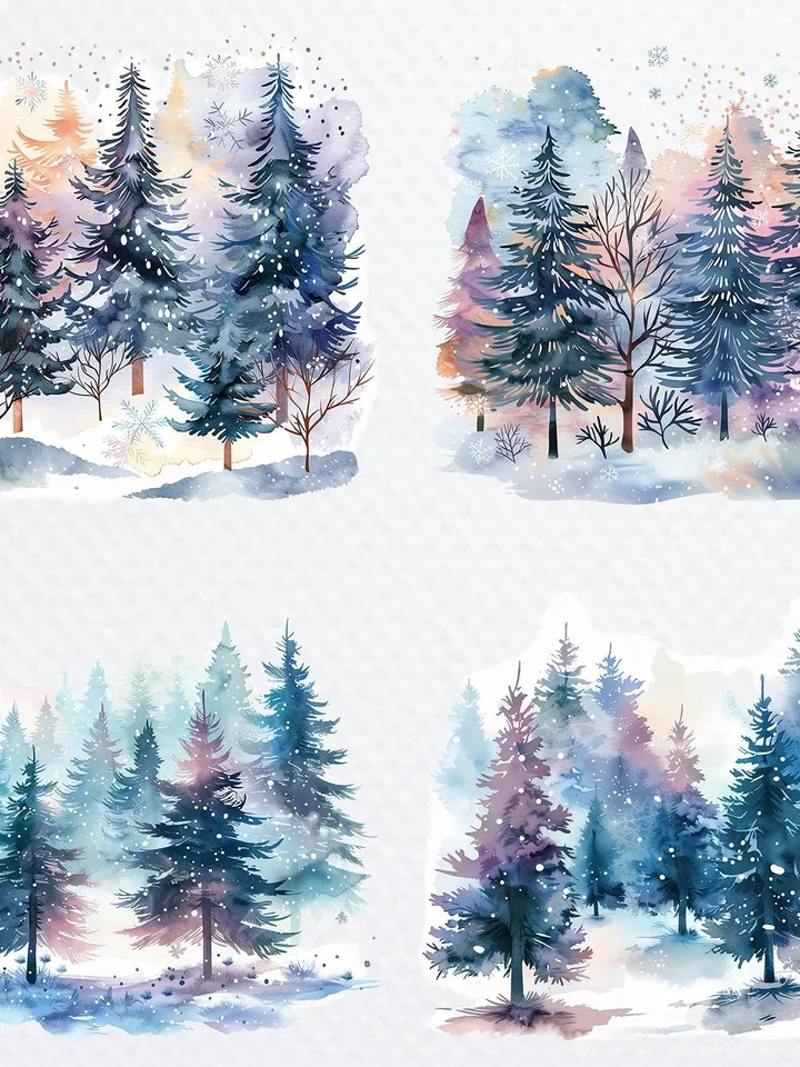 10 Christmas Trees PNG Bundle, Winter Landscape Printable Watercolor clipart fosublimation, High Quality PNG, Digital download, Paper craft