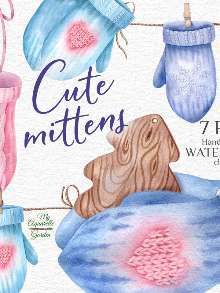 Mittens Christmas Winter New Year Watercolor hand-painted images DIY invitations cards stickers Scrapbooking Gift wrapping Printable PNG