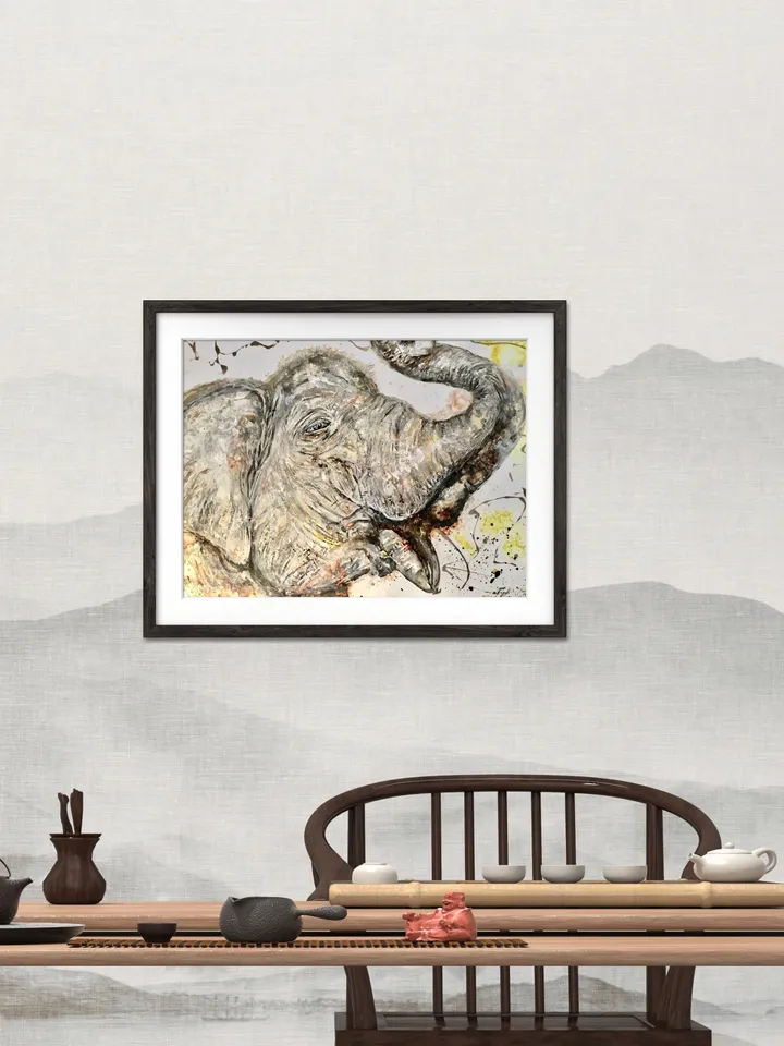 White Elephant Poster made with my original watercolour mix media painting on yupo paper,unique handmade artwork,home decoration.