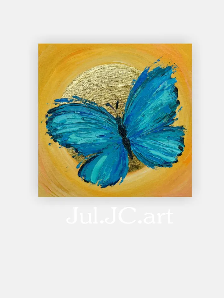 Blue Butterfly Painting Original Art 8 by 8 inches Gold Leaf Artwork Moon Art Insect Painting Blue Turquoise Home Decor