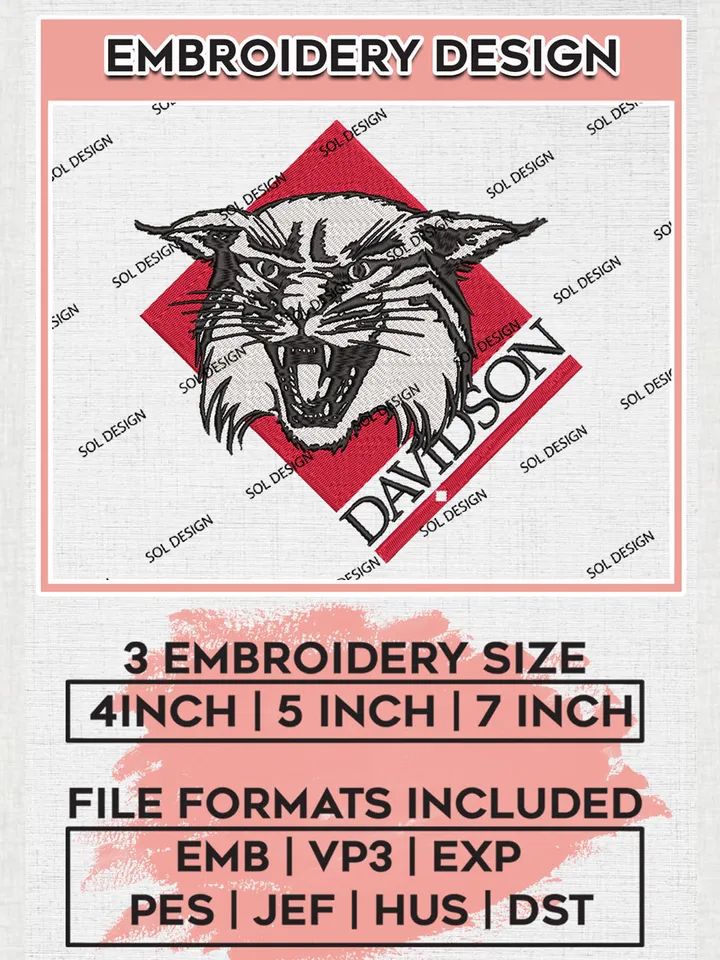 NCAA Davidson Wildcats Team Logo Embroidery Design Files, NCAA Davidson Wildcats Machine Embroidery, NCAA Teams, 3 sizes, NCAA Machine embroidery designs, Digital Download