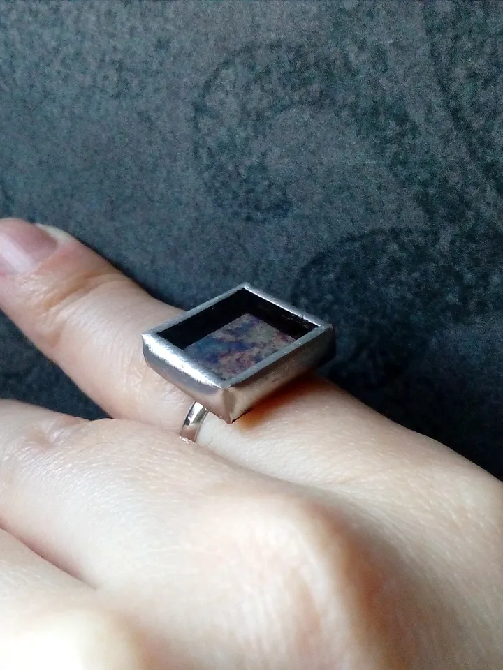 Mirror ring, squar ring, simple stained glass, tin soldered glass ring, old amalgam, scrying mirror ring, glass ring