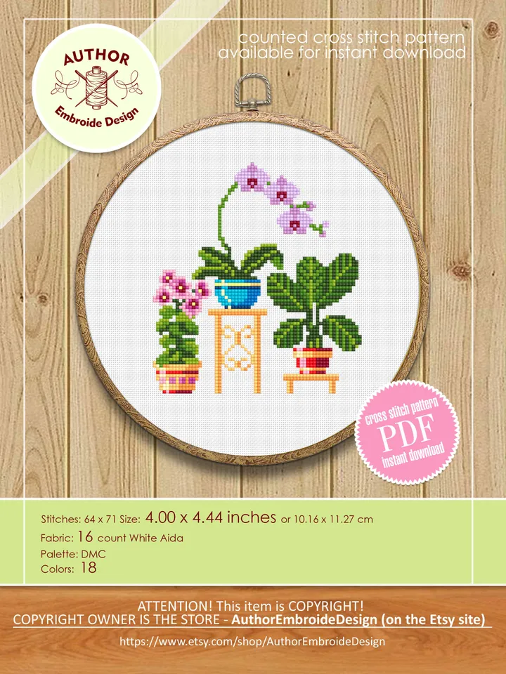 Potted house plants cross stitch pattern PDF download Floral cross stitch chart, Small cross stitch sampler, Orchid, Plant lover gift #P5