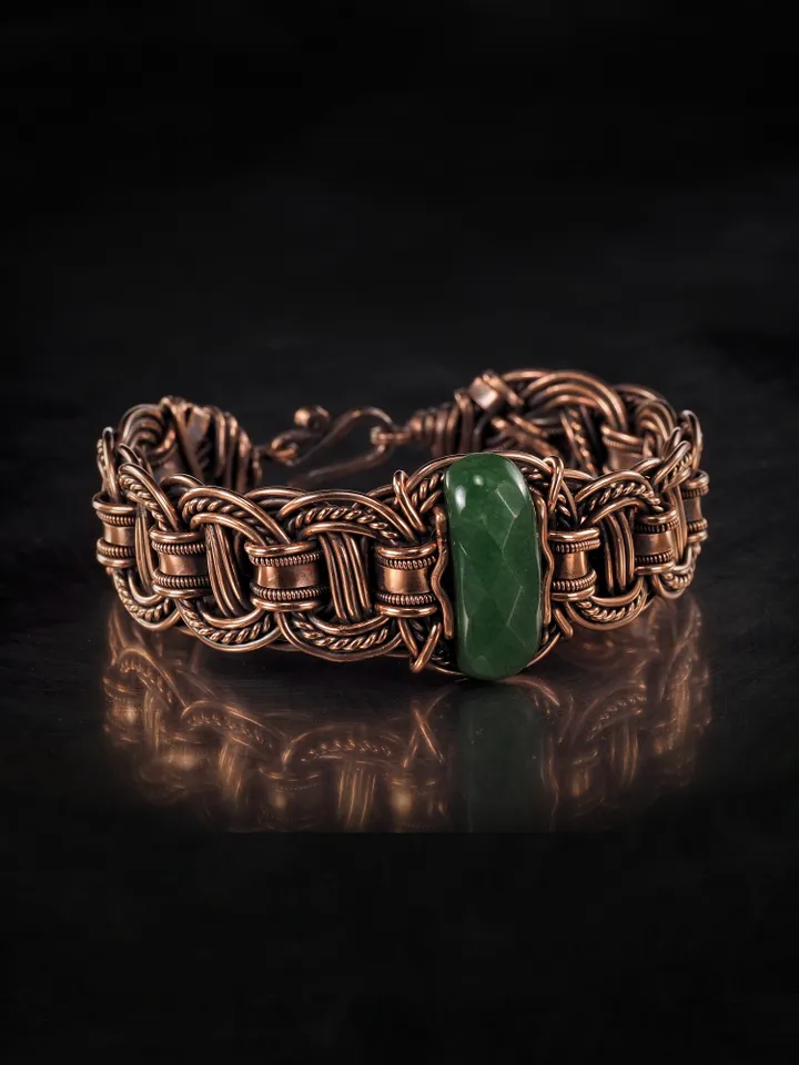 Copper wire wrapped jade bracelet 7th Anniversary gift