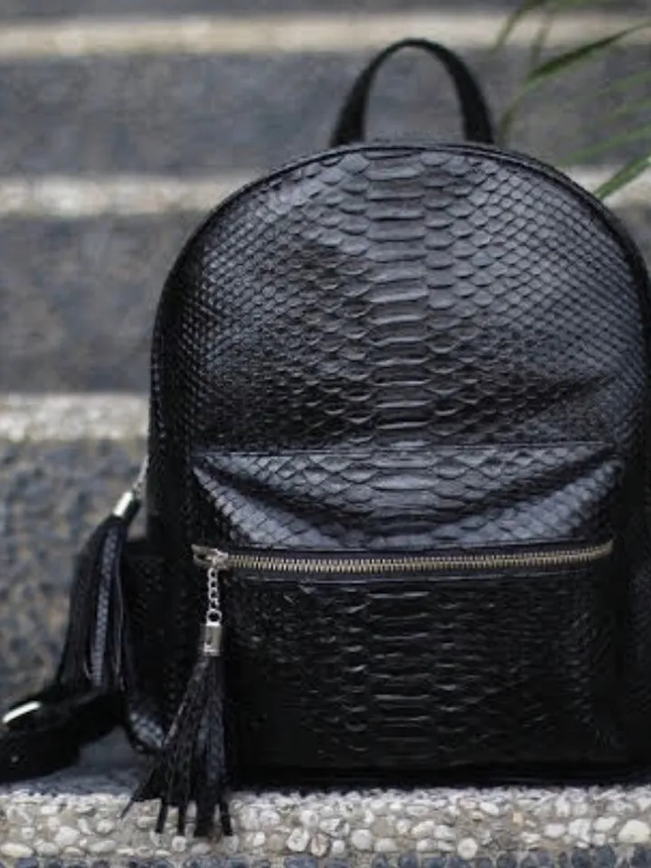 Genuine python Skin Backpack | Exotic Leather Backpack | Black Leather Shiny Backpack | Python skin Bags | Women Backpack | Unisex Backpack