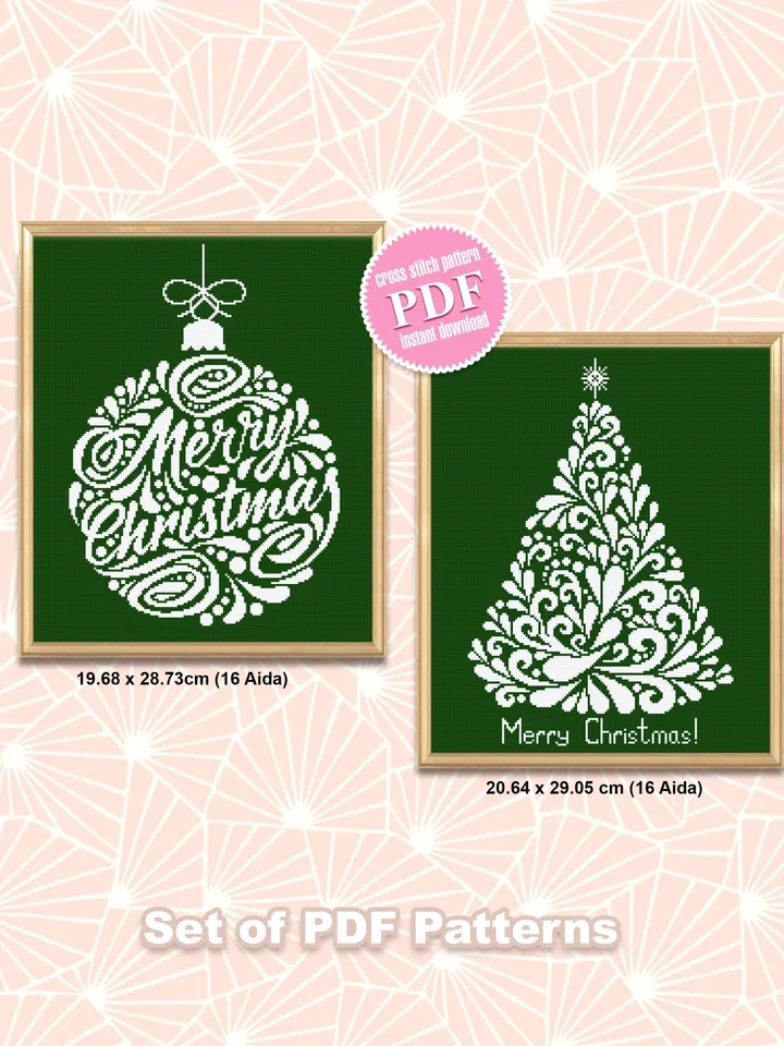 Merry Christmas cross stitch pattern download PDF, Christmas ornament cross stitch set, Winter holiday hand embroidery, Beginner stitch #S56